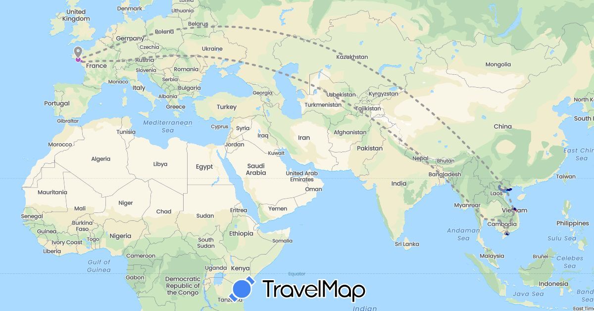 TravelMap itinerary: driving, plane, cycling, train, hiking, boat in Switzerland, France, Cambodia, Thailand, Vietnam (Asia, Europe)